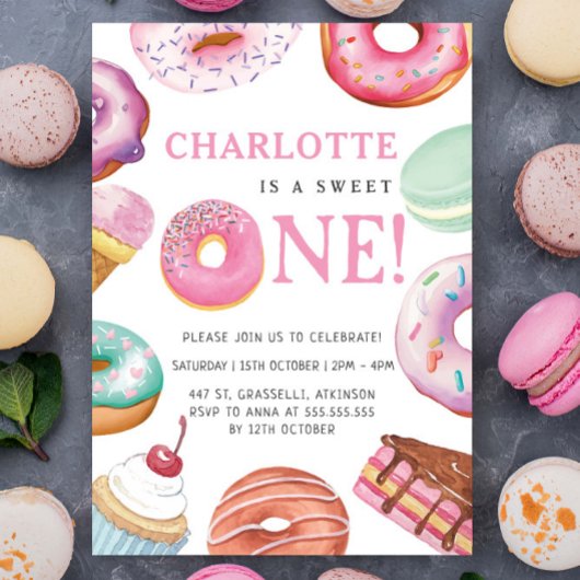 Invitation Sweet One Donut Dessert 1ère fête d'anniversaire