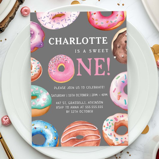 Invitation Sweet One Donut Rose 1er fête d'anniversaire