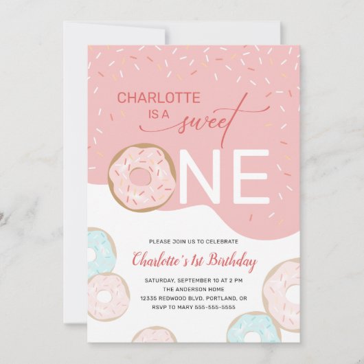 Invitation Sweet One Donut Rose Frosting Girl's 1er Anniversa (Devant)