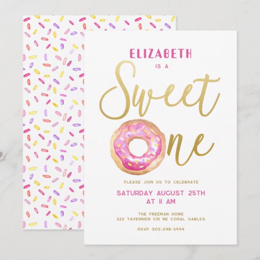 Invitation Sweet One Donut Sprinkle Girl 1er anniversaire (Devant / Derrière)