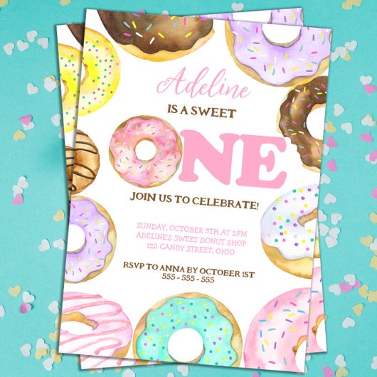 Invitation Sweet One Donuts 1er anniversaire fille aquarelle