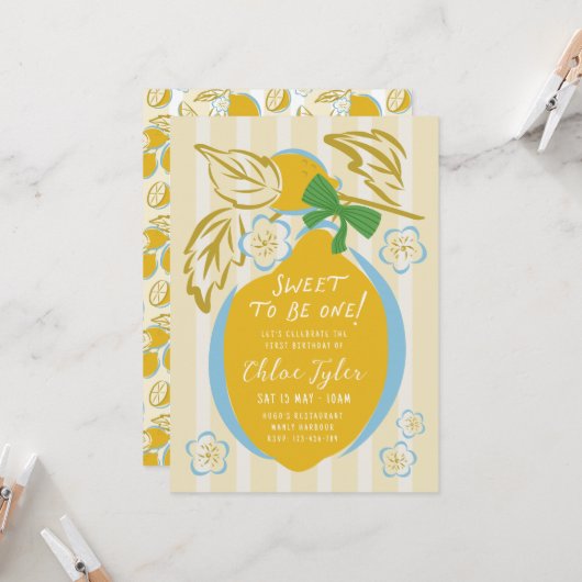 Invitation Sweet One First Birthday Invite Boy Lemon 1st (Devant/Arrière en situation)