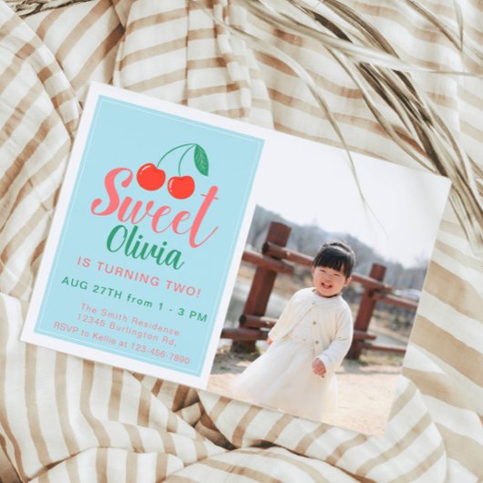 Invitation Sweet One Girl Birthday Cherry Summer Photo