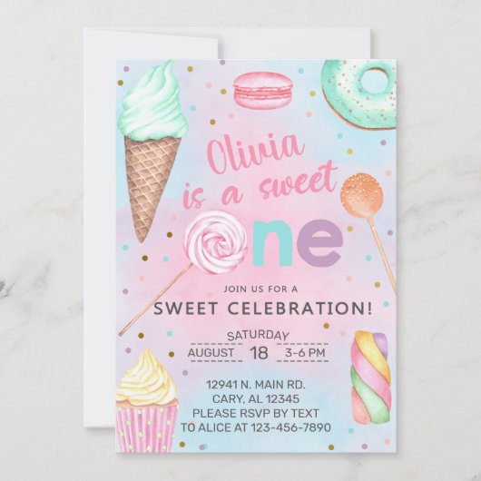 Invitation Sweet One girl first, 1er anniversaire invitation. (Devant)