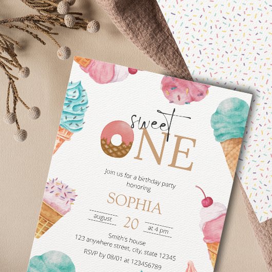 Invitation Sweet One Ice Cream First Birthday Party Girl