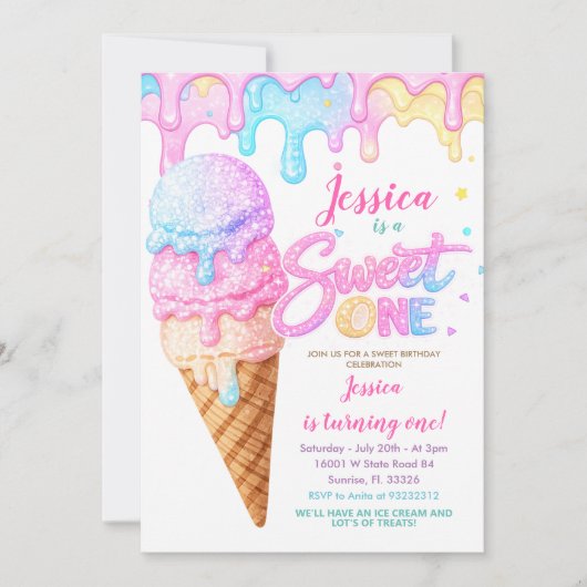 Invitation Sweet One Ice Cream Pastel Glitter Birthday (Devant)