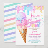 Invitation Sweet One Ice Cream Pastel Glitter Birthday (Devant / Derrière)