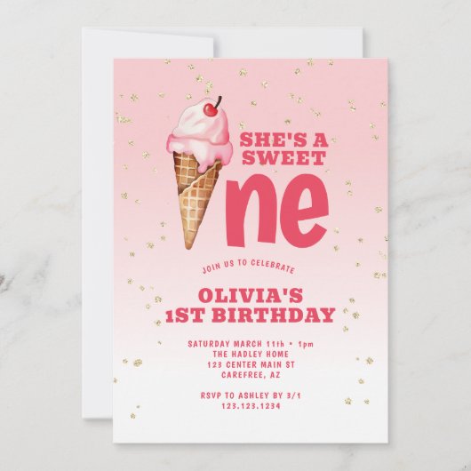 Invitation Sweet One Ice Cream rose 1er anniversaire (Devant)