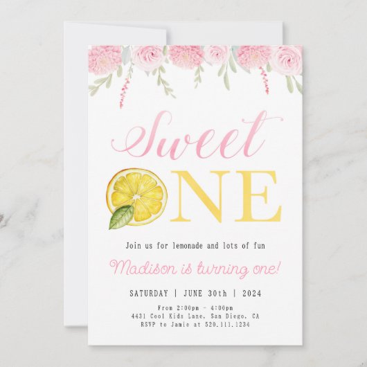 Invitation Sweet One Lemonade Anniversaire Fille Fête Invitat (Devant)