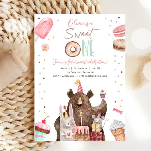 Invitation Sweet One Party Animaux Donut Girl Premier anniver