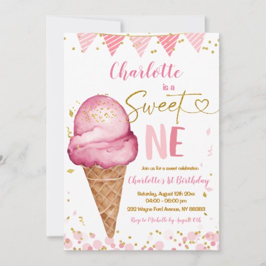 Invitation Sweet One Pastel Crème de glace rose 1er anniversa (Devant)