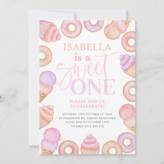 Invitation Sweet One Pastel Cupcake Donut Girls 1er anniversa (Devant)