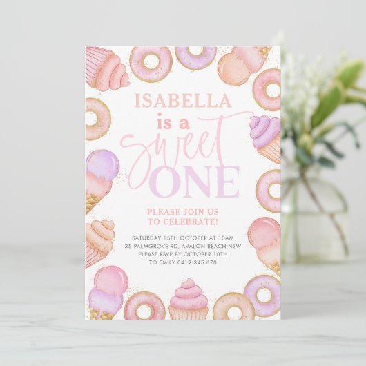 Invitation Sweet One Pastel Cupcake Donut Girls 1er anniversa (Debout devant)