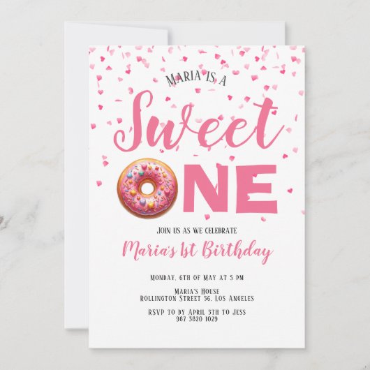 Invitation Sweet One Pink Donut Confetti 1er anniversaire (Devant)