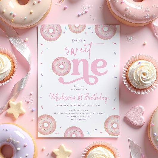 Invitation Sweet One Pink Pastel Donut premier anniversaire