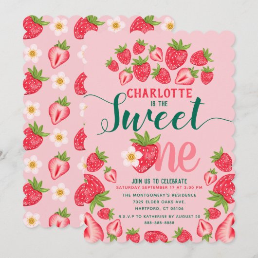 Invitation Sweet One Pink Strawberry Cute 1er Anniversaire (Devant / Derrière)