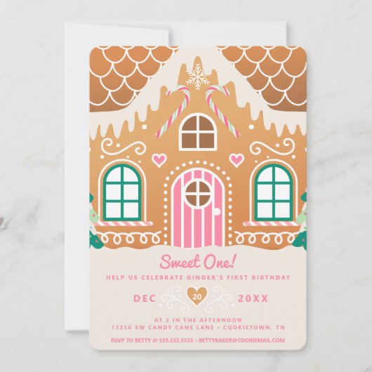 Invitation Sweet One Premier Anniversaire Pain d'épices rose (Devant)