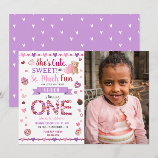 Invitation Sweet One Purple 1er Anniversaire Saint-Valentin P (Devant / Derrière)