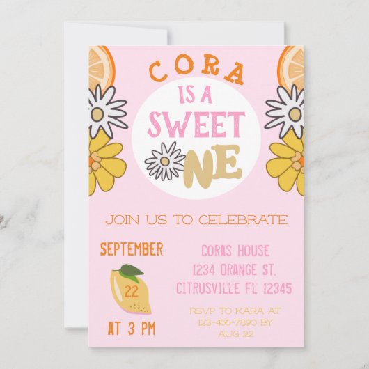 Invitation Sweet One Rose Fruit Premier Anniversaire Photo (Devant)