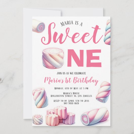 Invitation Sweet One rose Marshmallow 1er anniversaire Invita (Devant)