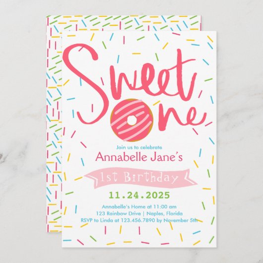 Invitation Sweet One Sprinkles fête d'anniversaire (Devant / Derrière)