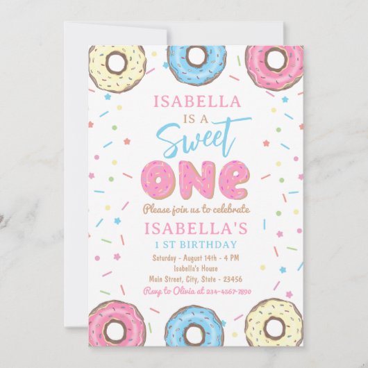 Invitation Sweet One Sprinkts Donut 1er anniversaire fête (Devant)