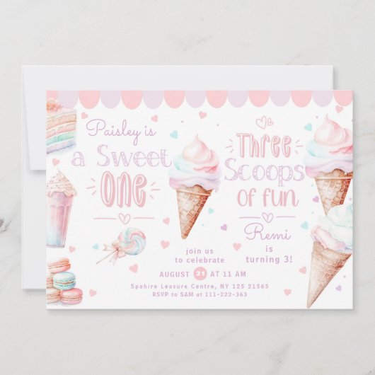 Invitation  Sweet One Three Schoops of Fun joint Birthday (Devant)
