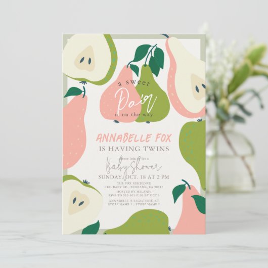 Invitation Sweet Pair rose et vert Baby shower jumeaux poire (Debout devant)