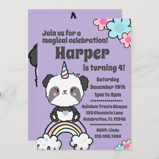 Invitation Sweet Panda Unicorn Girly (Devant / Derrière)