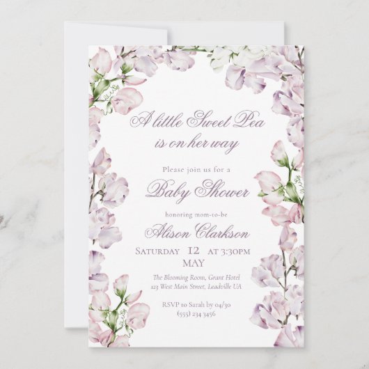 Invitation Sweet Pea flower arch Baby brunch elegant lavender (Devant)