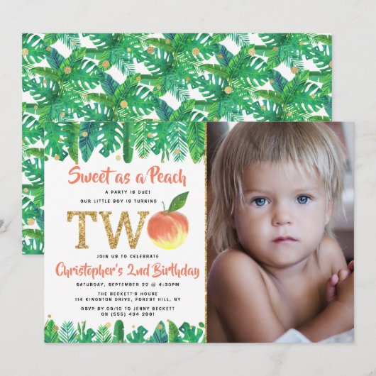 Invitation Sweet Peach Boys 2nd Birthday Photo (Devant / Derrière)