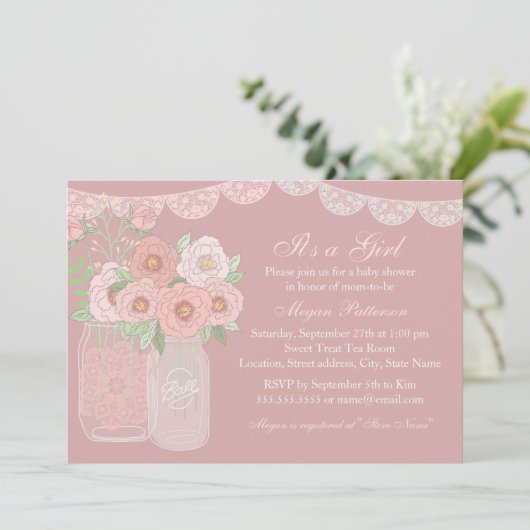 Invitation Sweet Peach & Pink Mason Jar Baby shower Invitatio (Debout devant)