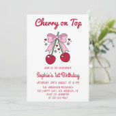Invitation Sweet Pink Bow Cherry on Top 1st Birthday (Debout devant)
