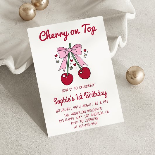 Invitation Sweet Pink Bow Cherry on Top 1st Birthday