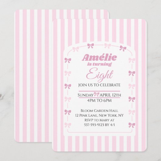 Invitation Sweet Pink Bow Coquette 8th Birthday Party (Devant / Derrière)