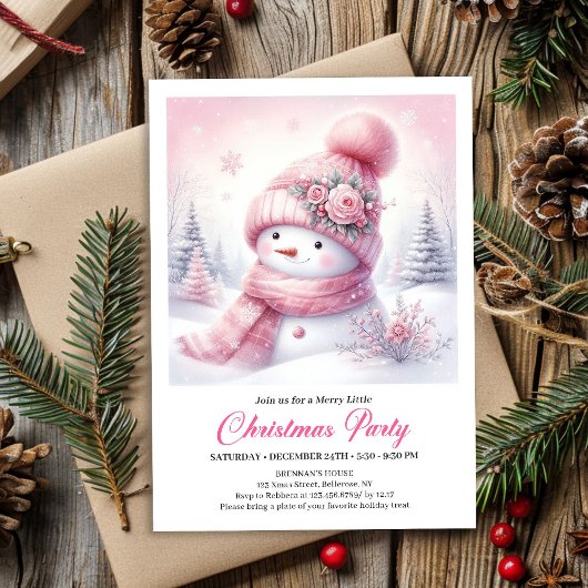 Invitation Sweet Pink Snowman Editable Christmas Invite Snowy