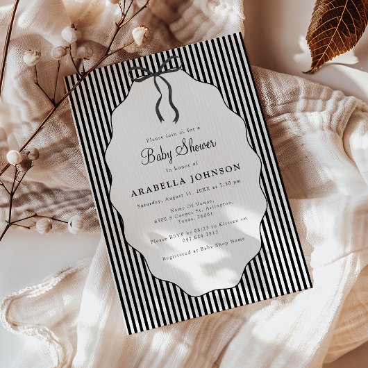 Invitation Sweet Pinstriped Black Bow Baby Shower