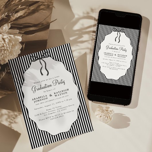 Invitation Sweet Pinstriped Black Bow Joint Graduation