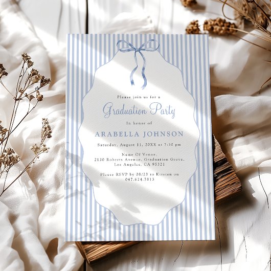 Invitation Sweet Pinstriped Blue Bow Graduation