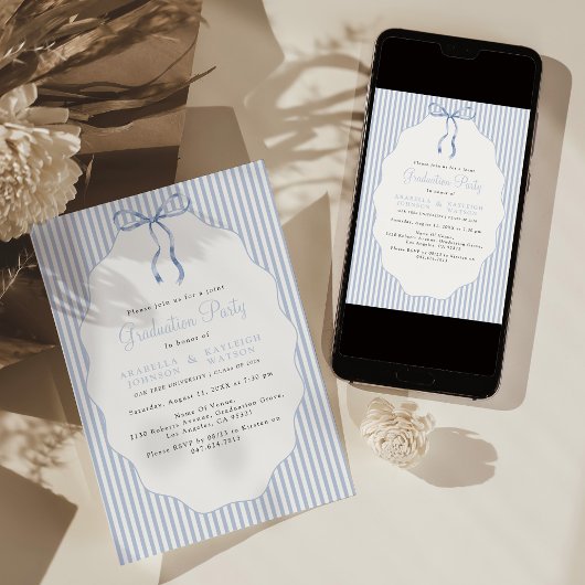 Invitation Sweet Pinstriped Blue Bow Joint Graduation