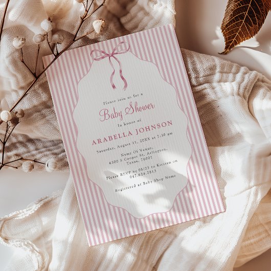 Invitation Sweet Pinstriped Pink Bow Baby Shower