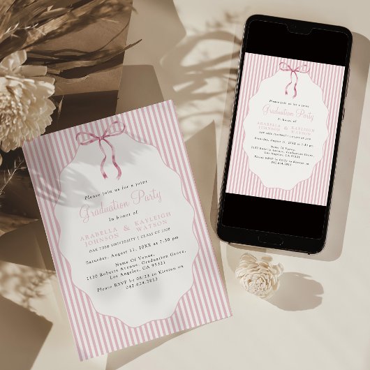Invitation Sweet Pinstriped Pink Bow Joint Graduation
