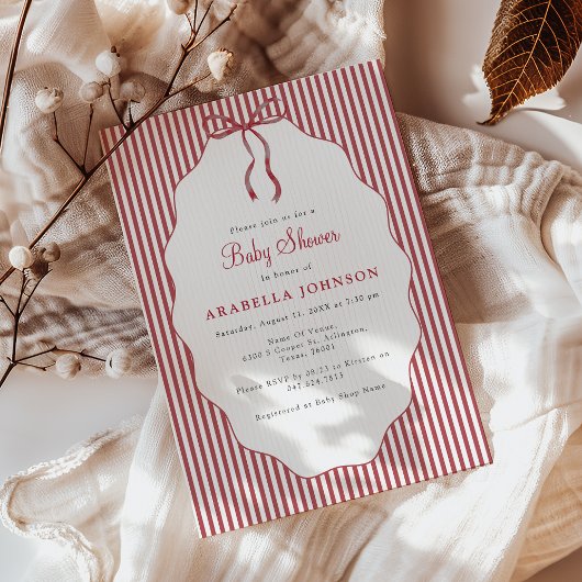 Invitation Sweet Pinstriped Red Bow Baby Shower