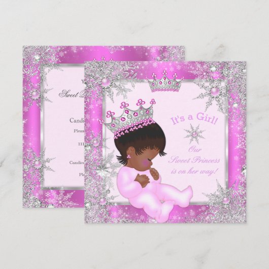 Invitation Sweet Princess Baby shower Flocon de neige rose (Devant / Derrière)