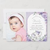 Invitation Sweet Purple Lilac Floral Elephant Anniversaire Ph (Devant)