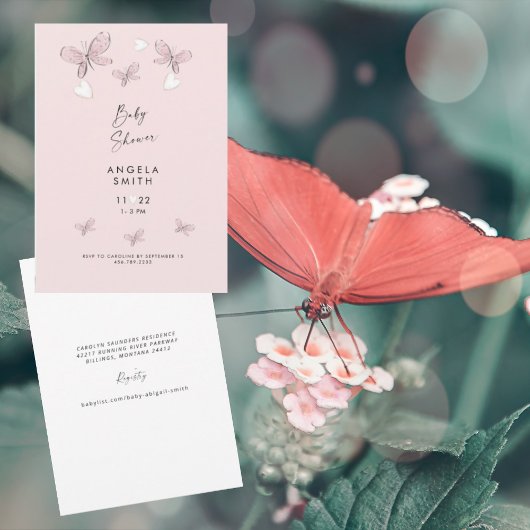 Invitation Sweet Rose Coeurs et Papillons Bébé Fille Douche