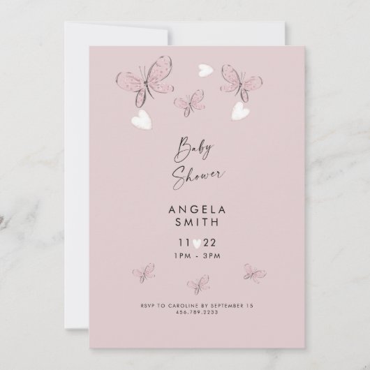 Invitation Sweet Rose Coeurs & Papillons Baby Girl Douche (Devant)