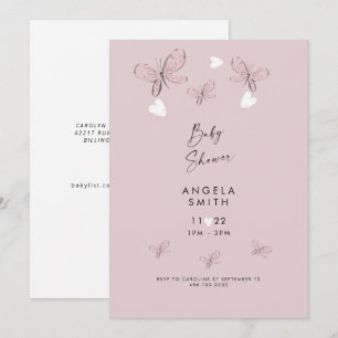 Invitation Sweet Rose Coeurs & Papillons Baby Girl Douche