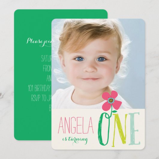 Invitation Sweet Rose Daisy Pop Chic Girl 1er Anniversaire Ph (Devant / Derrière)