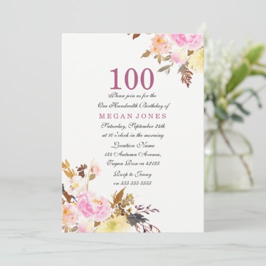 Invitation Sweet Rose Floral Script 100e anniversaire Invitat (Debout devant)